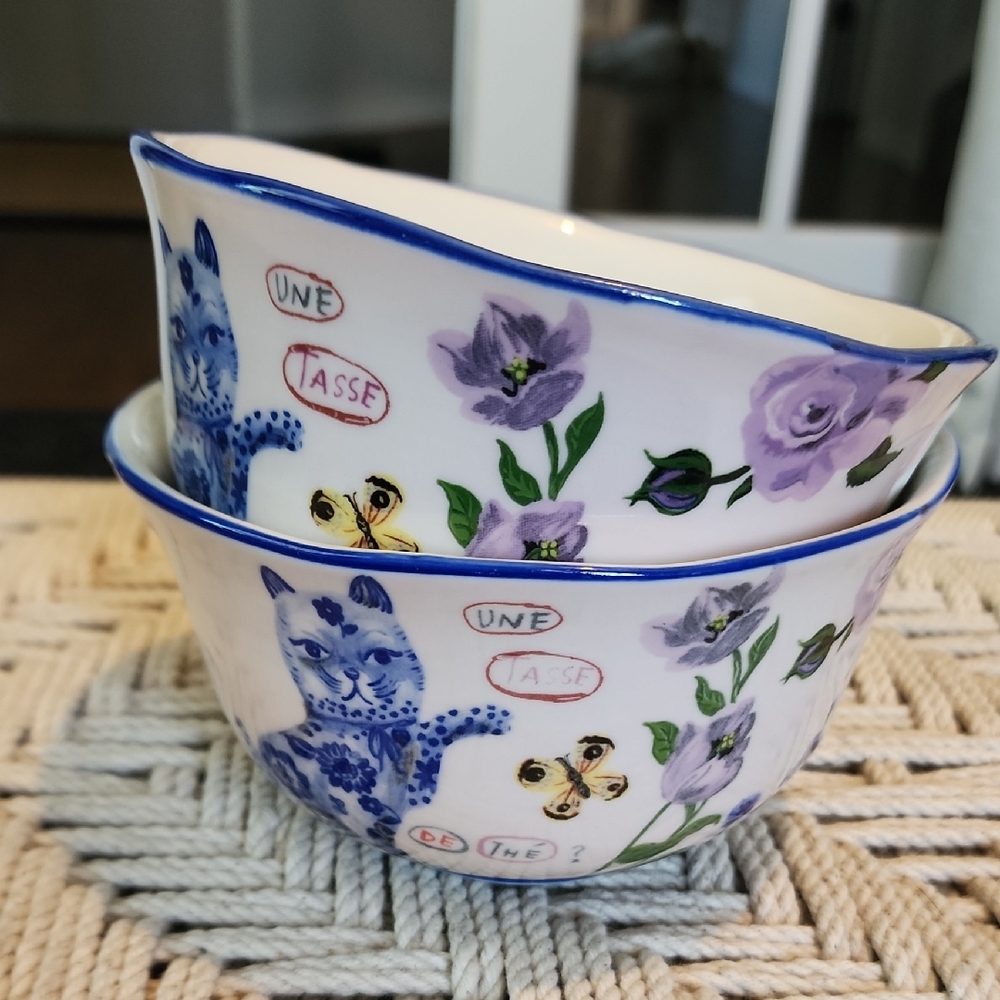 Set of 2 Anthropologie Nathalie Lete Floral Butterfly Bowls